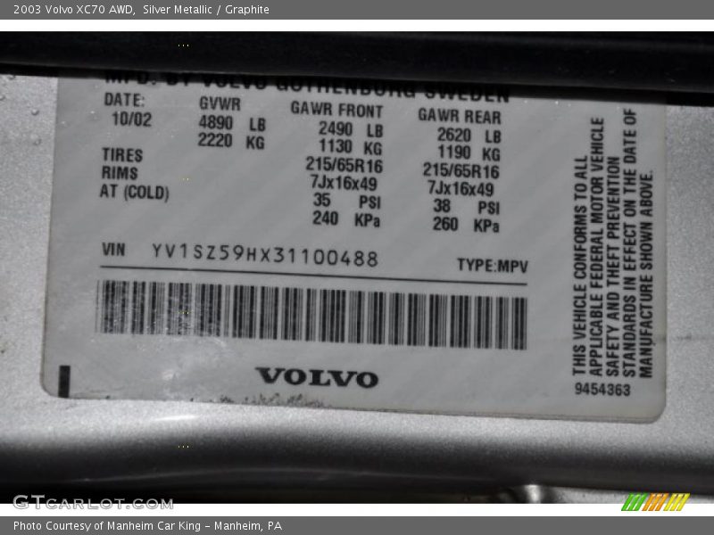 Silver Metallic / Graphite 2003 Volvo XC70 AWD