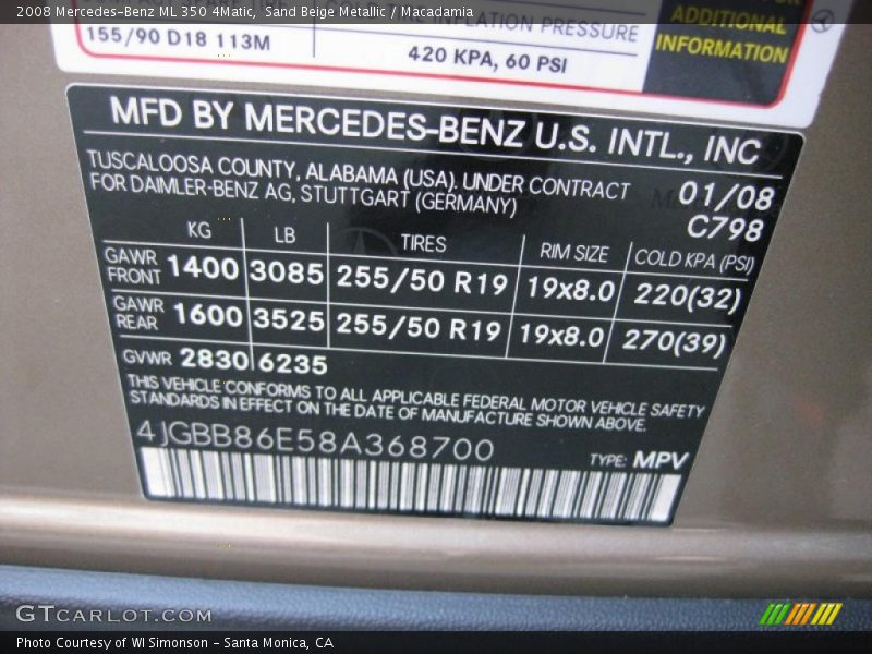 Sand Beige Metallic / Macadamia 2008 Mercedes-Benz ML 350 4Matic