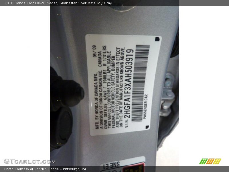 Alabaster Silver Metallic / Gray 2010 Honda Civic DX-VP Sedan