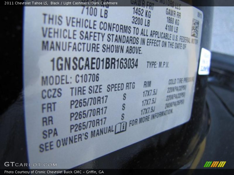 Info Tag of 2011 Tahoe LS