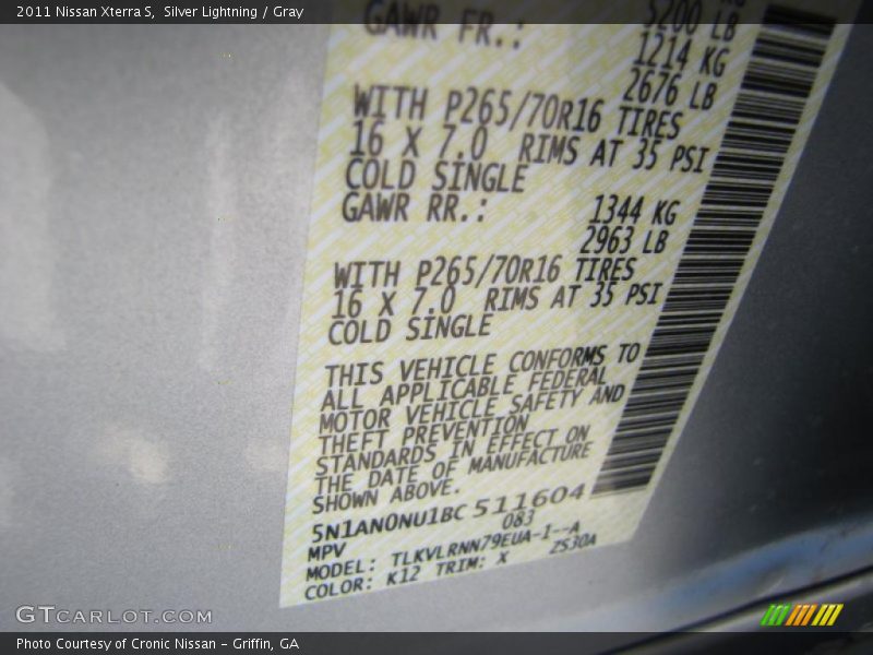 Silver Lightning / Gray 2011 Nissan Xterra S