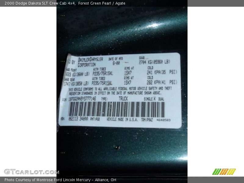 2000 Dakota SLT Crew Cab 4x4 Forest Green Pearl Color Code PG8