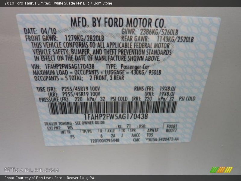 White Suede Metallic / Light Stone 2010 Ford Taurus Limited
