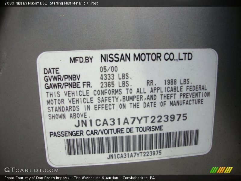 Sterling Mist Metallic / Frost 2000 Nissan Maxima SE