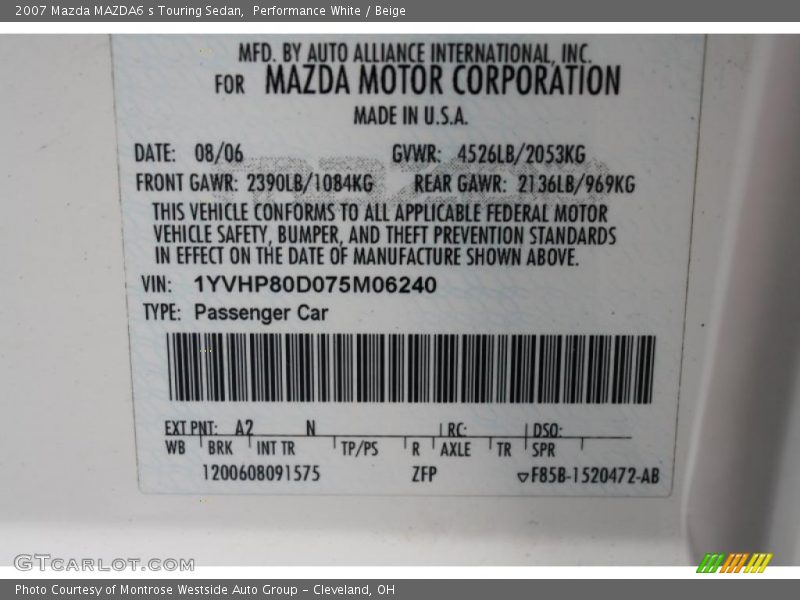 2007 MAZDA6 s Touring Sedan Performance White Color Code A2