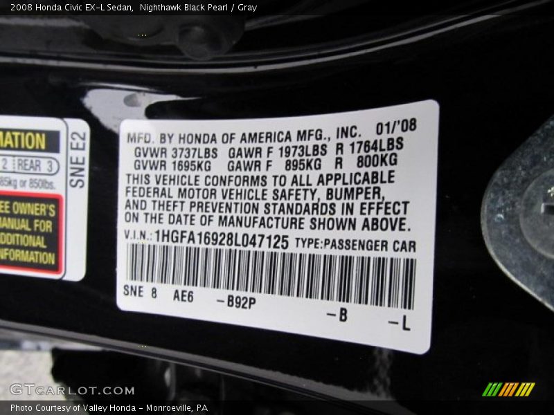 2008 Civic EX-L Sedan Nighthawk Black Pearl Color Code B92P