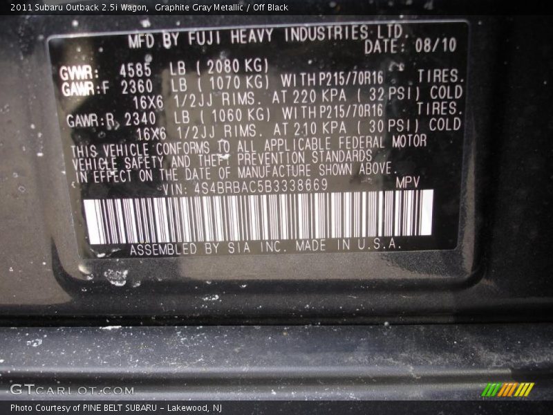 Graphite Gray Metallic / Off Black 2011 Subaru Outback 2.5i Wagon