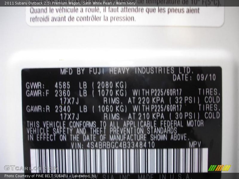 Satin White Pearl / Warm Ivory 2011 Subaru Outback 2.5i Premium Wagon