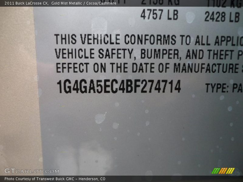 Gold Mist Metallic / Cocoa/Cashmere 2011 Buick LaCrosse CX