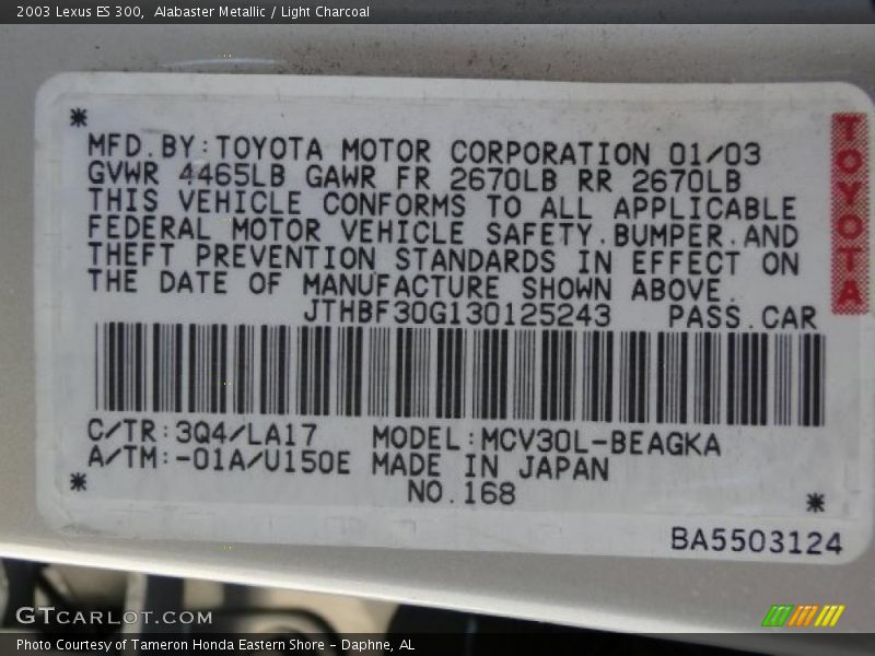 Alabaster Metallic / Light Charcoal 2003 Lexus ES 300