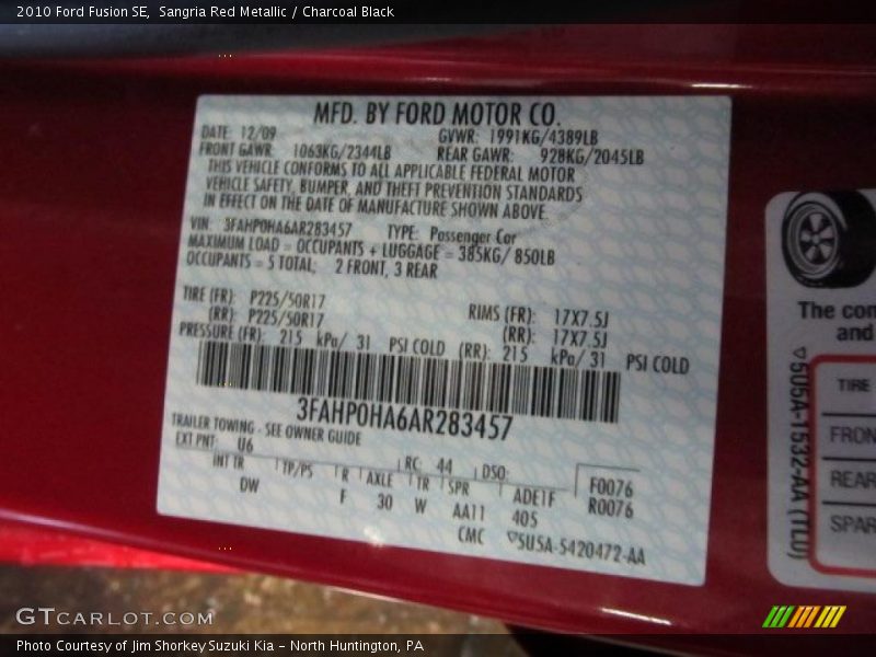 Sangria Red Metallic / Charcoal Black 2010 Ford Fusion SE