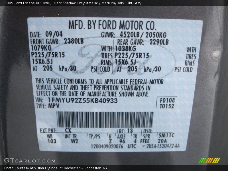 Dark Shadow Grey Metallic / Medium/Dark Flint Grey 2005 Ford Escape XLS 4WD