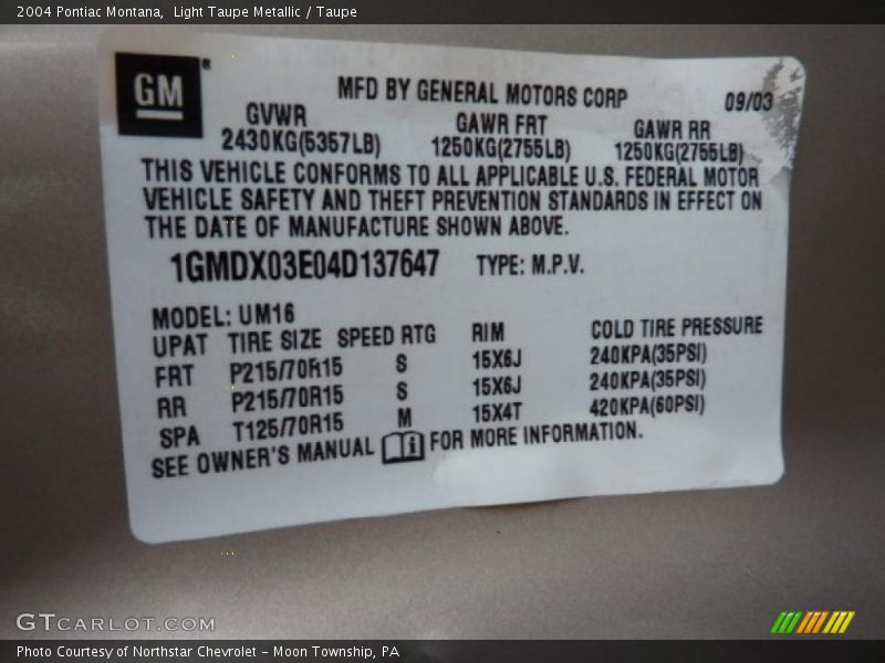 Light Taupe Metallic / Taupe 2004 Pontiac Montana