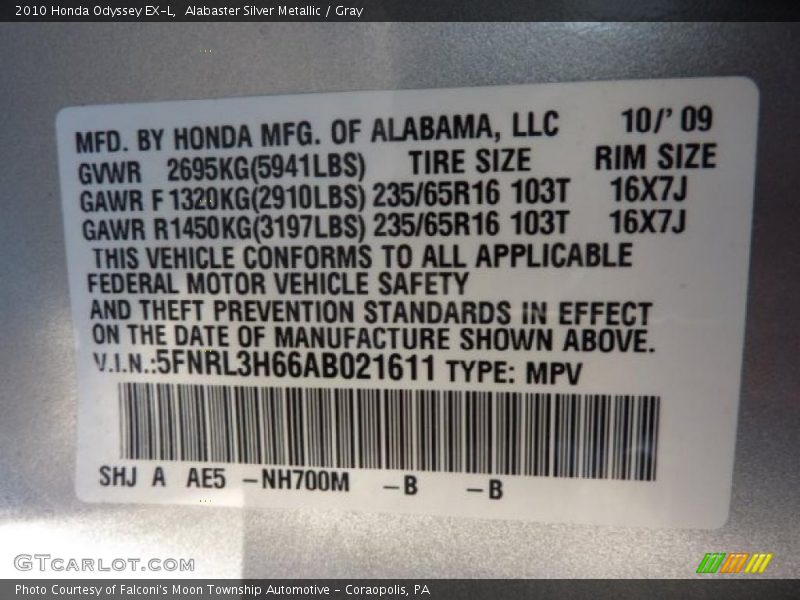 Alabaster Silver Metallic / Gray 2010 Honda Odyssey EX-L