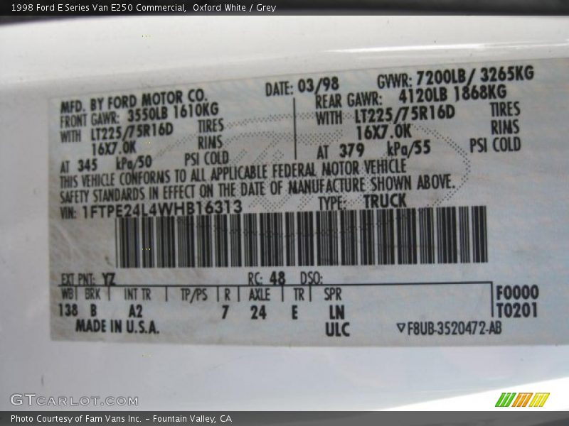 1998 E Series Van E250 Commercial Oxford White Color Code YZ