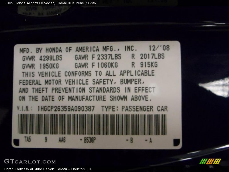 Royal Blue Pearl / Gray 2009 Honda Accord LX Sedan