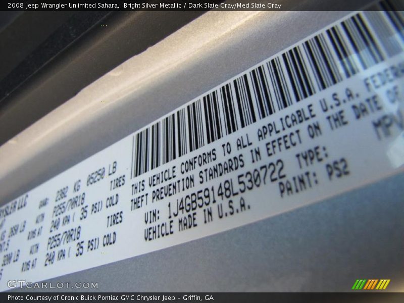 Bright Silver Metallic / Dark Slate Gray/Med Slate Gray 2008 Jeep Wrangler Unlimited Sahara