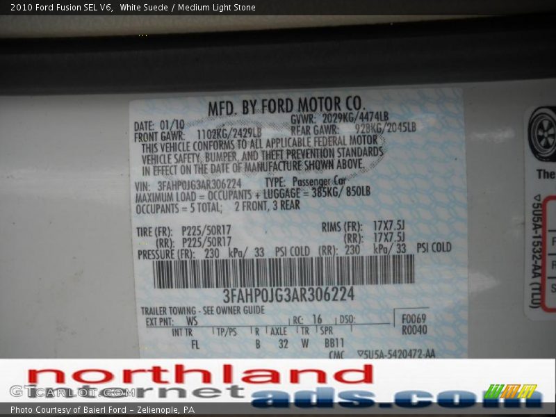 White Suede / Medium Light Stone 2010 Ford Fusion SEL V6
