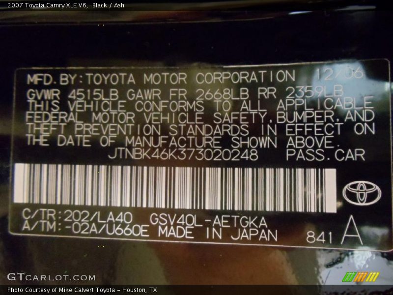 Black / Ash 2007 Toyota Camry XLE V6
