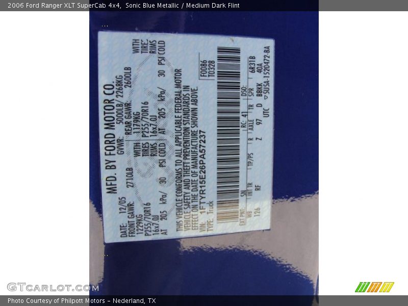 2006 Ranger XLT SuperCab 4x4 Sonic Blue Metallic Color Code SN