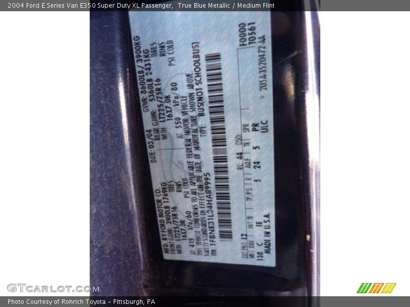2004 E Series Van E350 Super Duty XL Passenger True Blue Metallic Color Code L2