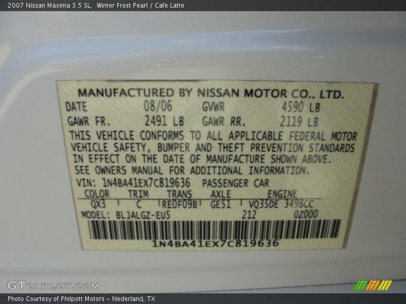 Winter Frost Pearl / Cafe Latte 2007 Nissan Maxima 3.5 SL