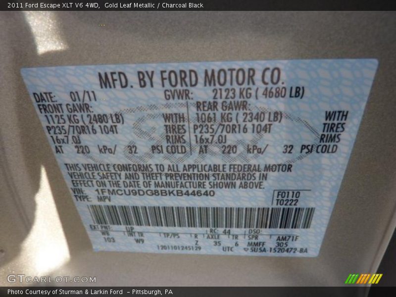 Gold Leaf Metallic / Charcoal Black 2011 Ford Escape XLT V6 4WD