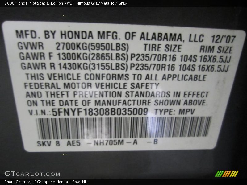 Nimbus Gray Metallic / Gray 2008 Honda Pilot Special Edition 4WD