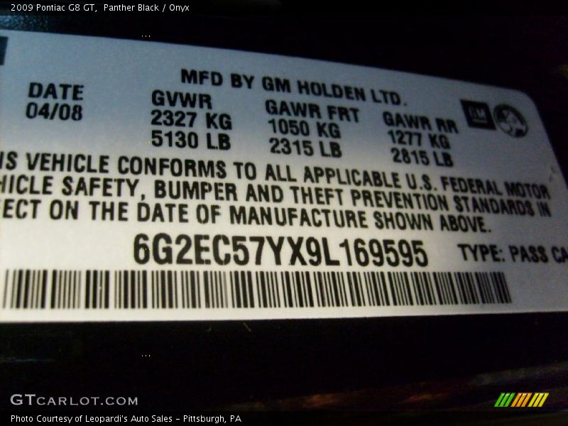 Panther Black / Onyx 2009 Pontiac G8 GT