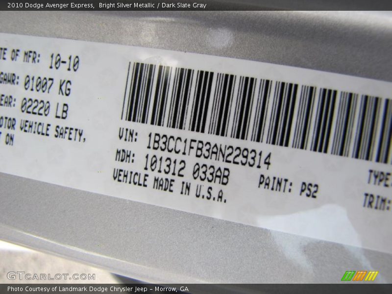 Bright Silver Metallic / Dark Slate Gray 2010 Dodge Avenger Express