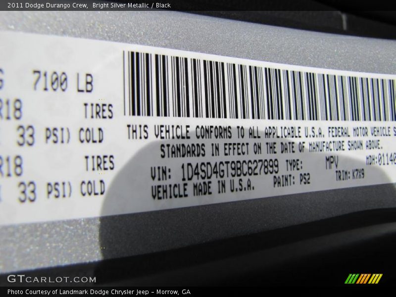 2011 Durango Crew Bright Silver Metallic Color Code PS2