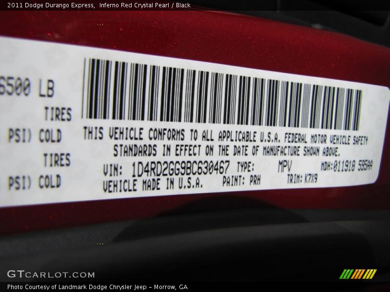 2011 Durango Express Inferno Red Crystal Pearl Color Code PRH