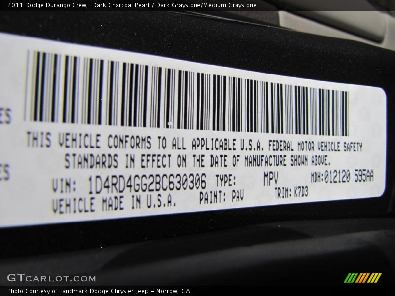 2011 Durango Crew Dark Charcoal Pearl Color Code PAV
