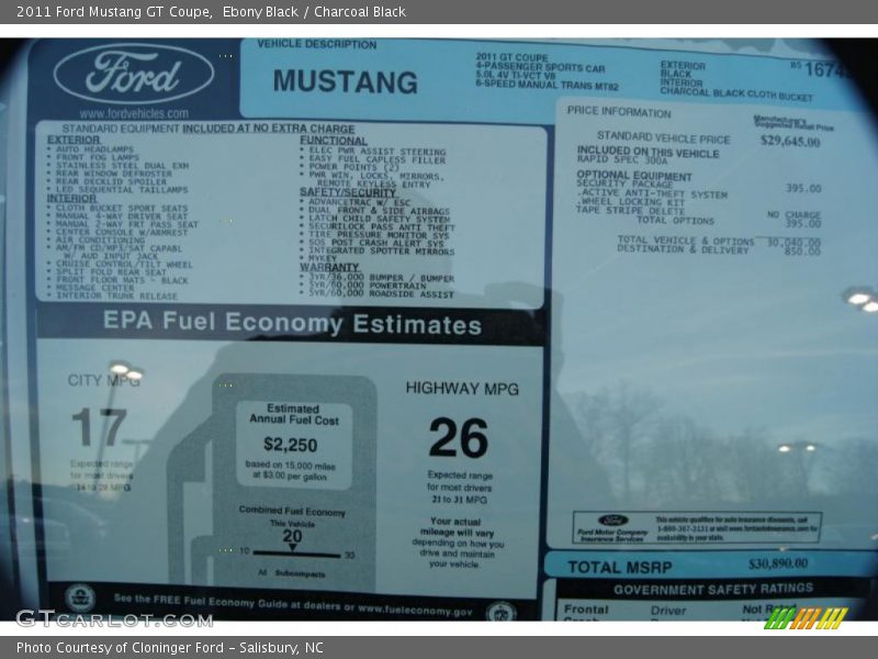  2011 Mustang GT Coupe Window Sticker