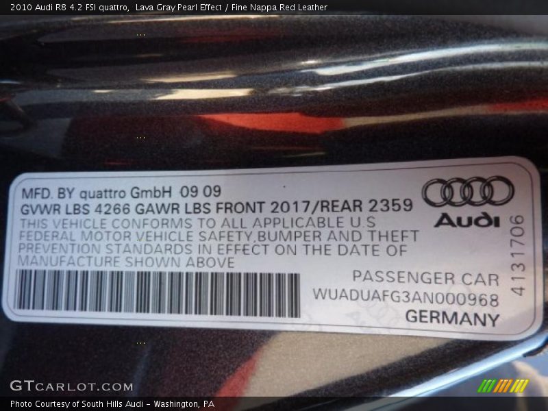 Info Tag of 2010 R8 4.2 FSI quattro