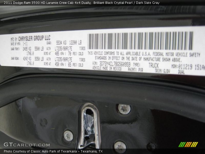 2011 Ram 3500 HD Laramie Crew Cab 4x4 Dually Brilliant Black Crystal Pearl Color Code PXR