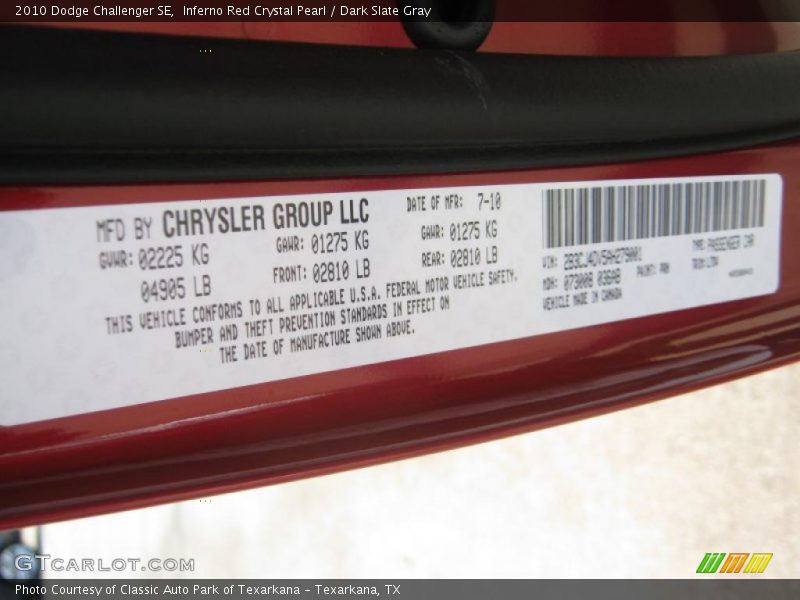 Inferno Red Crystal Pearl / Dark Slate Gray 2010 Dodge Challenger SE