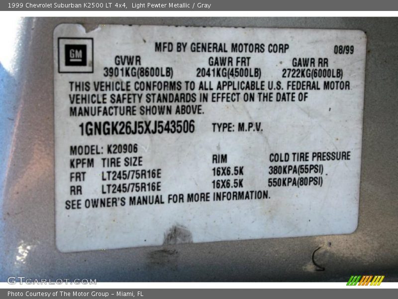 Light Pewter Metallic / Gray 1999 Chevrolet Suburban K2500 LT 4x4