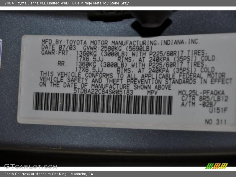Blue Mirage Metallic / Stone Gray 2004 Toyota Sienna XLE Limited AWD