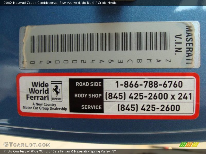 Info Tag of 2002 Coupe Cambiocorsa