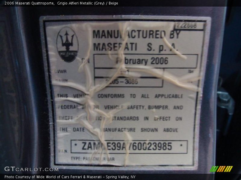 Info Tag of 2006 Quattroporte 