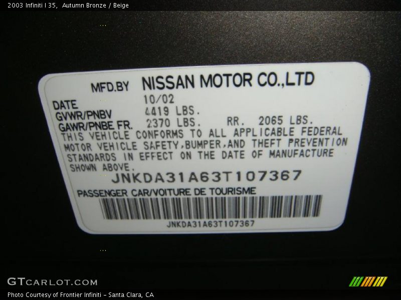 Autumn Bronze / Beige 2003 Infiniti I 35