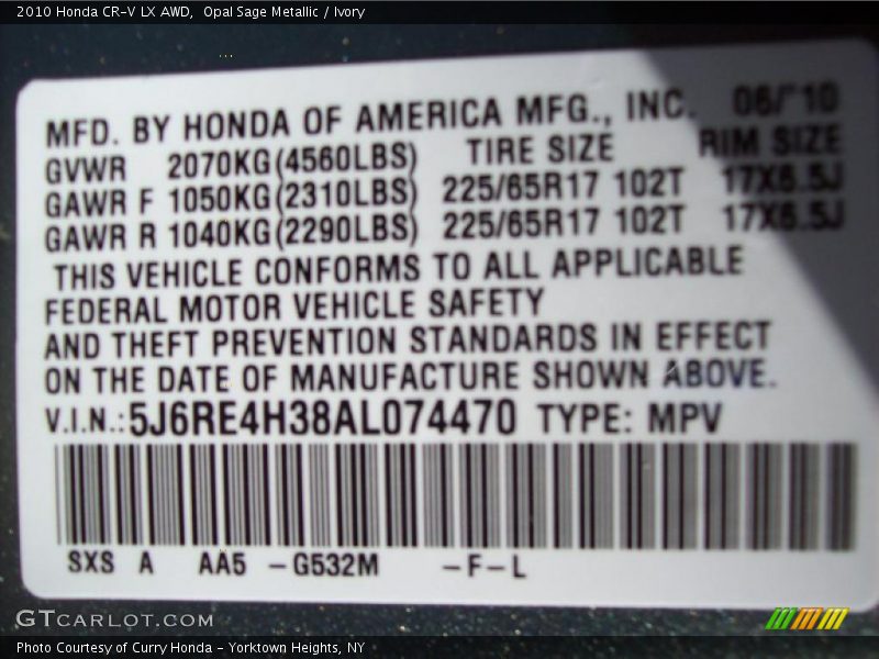 2010 CR-V LX AWD Opal Sage Metallic Color Code G532M