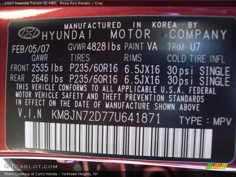Mesa Red Metallic / Gray 2007 Hyundai Tucson SE 4WD