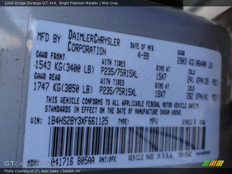 Bright Platinum Metallic / Mist Gray 1999 Dodge Durango SLT 4x4