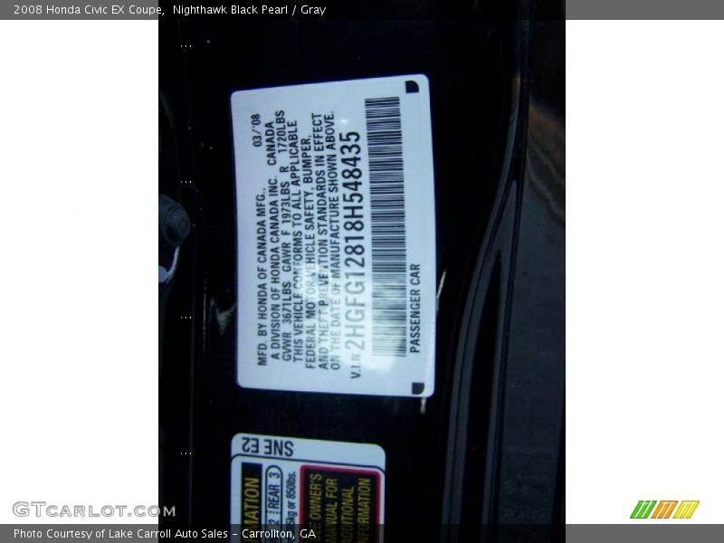Nighthawk Black Pearl / Gray 2008 Honda Civic EX Coupe