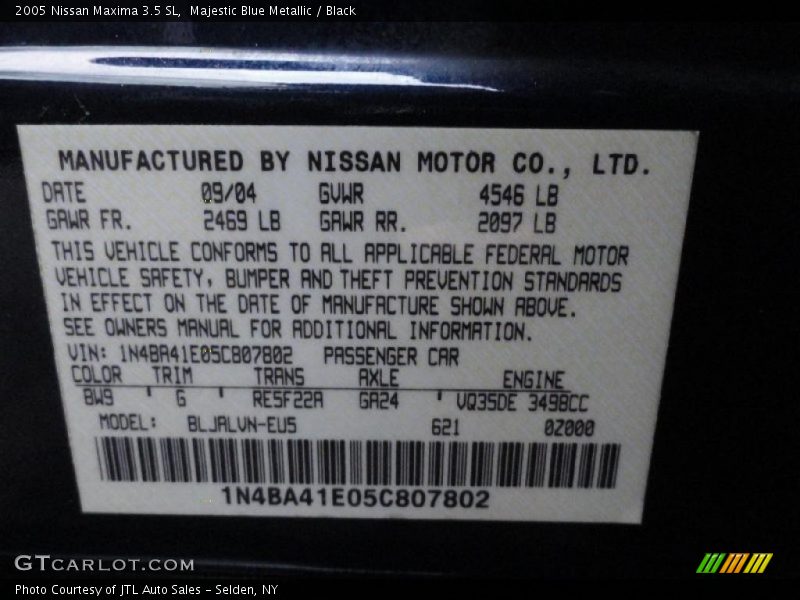 2005 Maxima 3.5 SL Majestic Blue Metallic Color Code BW9
