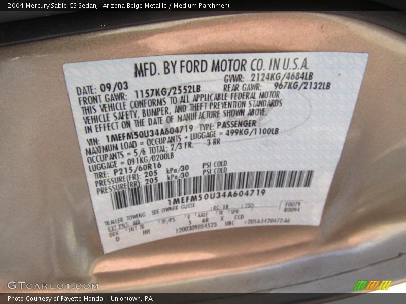 Arizona Beige Metallic / Medium Parchment 2004 Mercury Sable GS Sedan