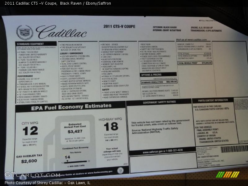  2011 CTS -V Coupe Window Sticker