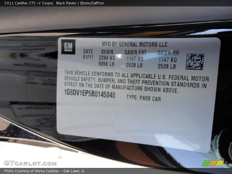Info Tag of 2011 CTS -V Coupe